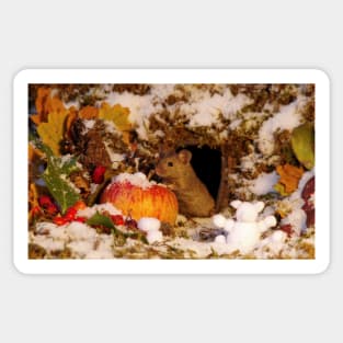 winter mouse in the snow with apple autumn christmas Sticker